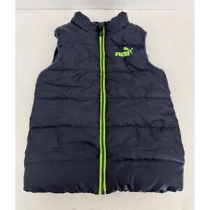 Puma Boys Navy Blue Puffer Vest Lime Green‎ Zip Quilted Sleeveless Jacket Sz 7